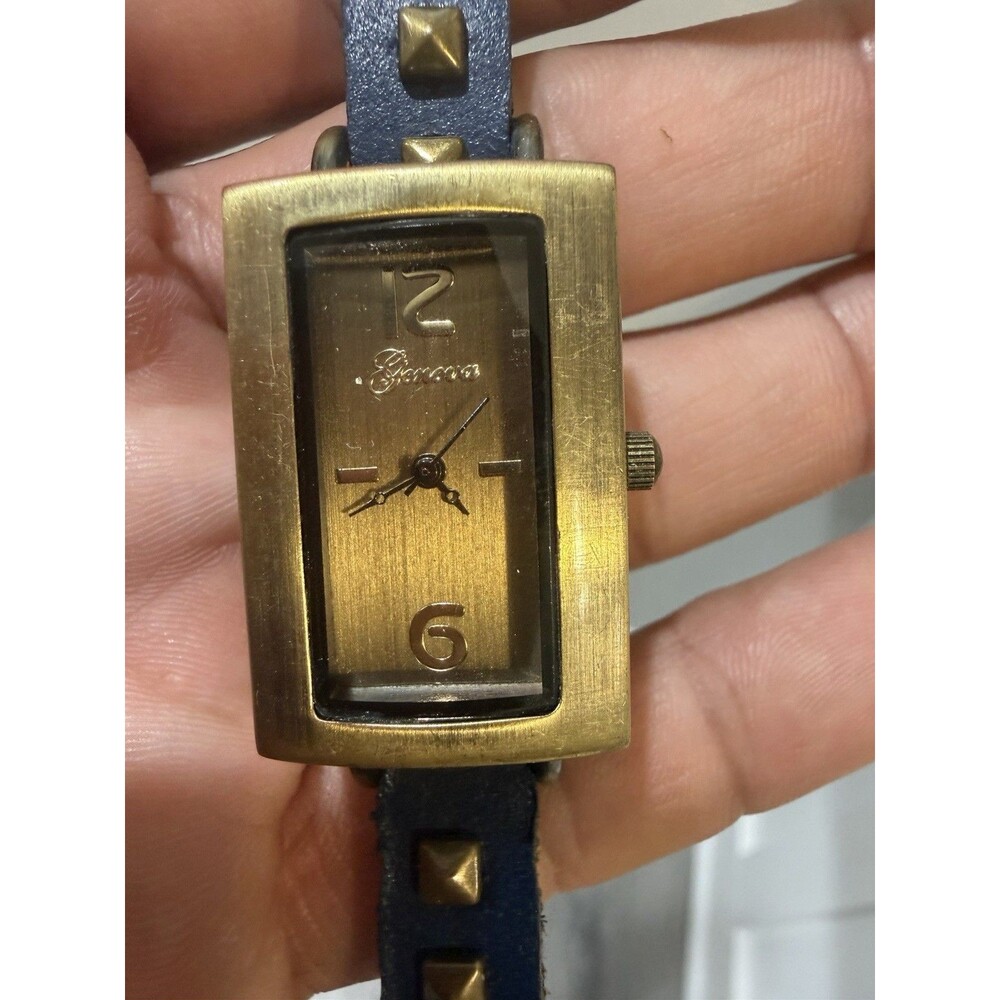 Geneva Women’s Rectangular Gold Tone Watch Blue Studded Strap Fresh Battery